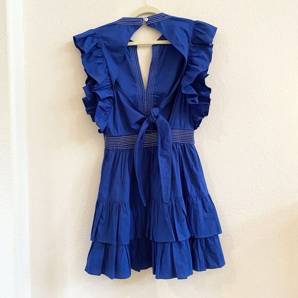 Nibi-Mtk Royal Blue Ruffle Trim Mini Dress Size L Tiered Coquette Tie Back - Picture 8 of 12